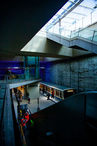 High angle view of modern building at night