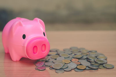 Close-up of coins on table