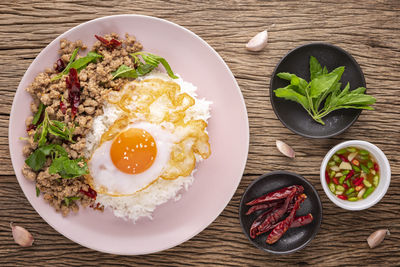 High angle view of breakfast served on table