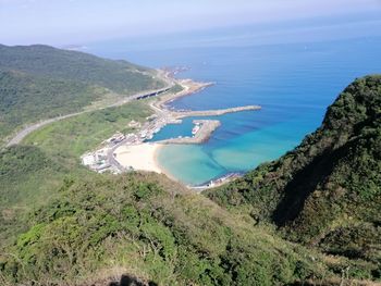 High angle view of bay against clear sky