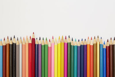 Close-up of multi colored pencils against white background