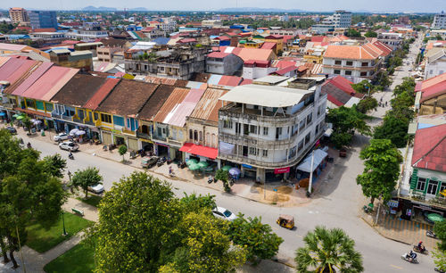 High angle view of street amidst buildings in city