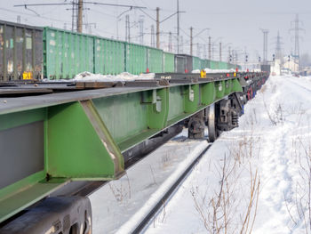 Train of coupled flat cars for carrying rails. trans-siberian railway