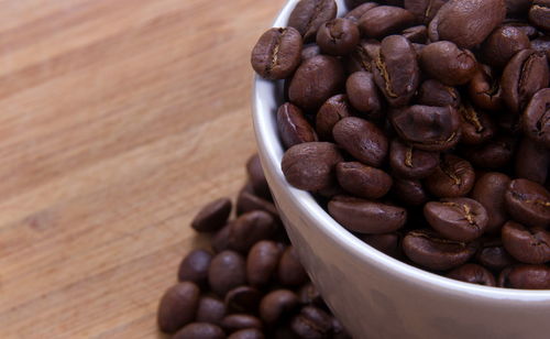 High angle view of coffee beans on table