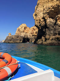 Scenic view of sea against clear blue sky