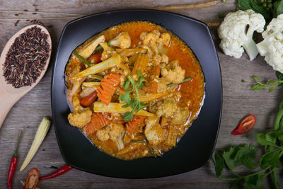 High angle view of food in bowl on table