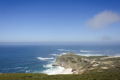 Scenic view of sea against clear blue sky