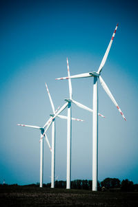 Windmill on field against clear blue sky