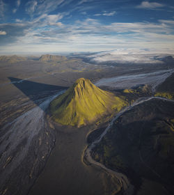 Aerial view of snowcapped mountains against sky