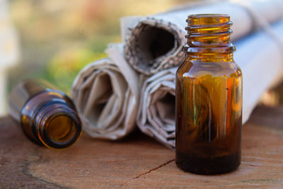 Close-up of bottles on table