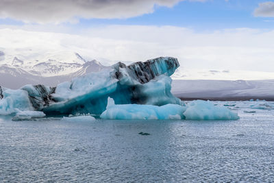 Iceland, jokulsarlon lagoon, turquoise icebergs floating in glacier lagoon on iceland