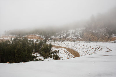 Scenic view of snow covered land against sky