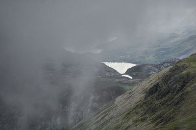 Scenic view of land and mountains against sky