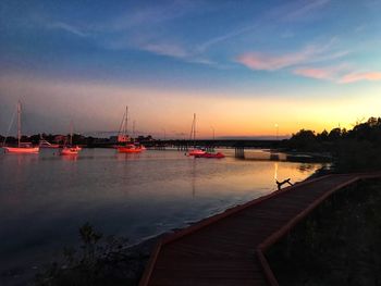 Sailboats moored at harbor against sky during sunset