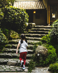 Rear view of boy walking against trees