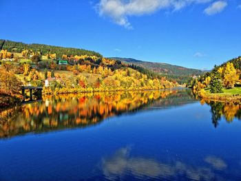 Scenic view of lake and trees against blue sky