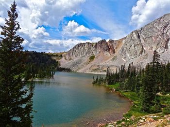 Scenic view of lake against cloudy sky