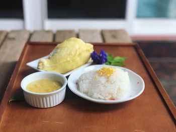 Close-up of food served on table