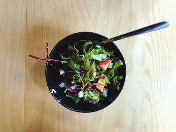 High angle view of salad in bowl on table