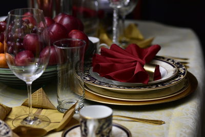 Close-up of red wine in glass on table