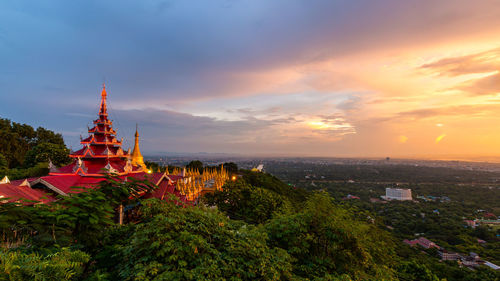 High angle view of townscape against sky during sunset