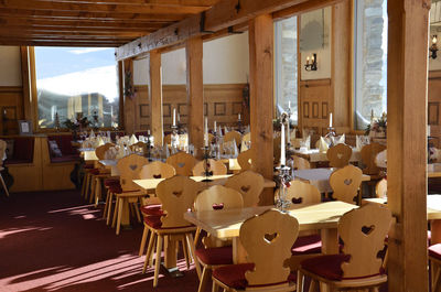 Empty chairs and tables in restaurant