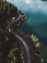 Aerial view of road amidst trees by sea