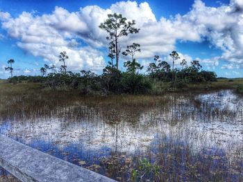 Scenic view of lake against cloudy sky