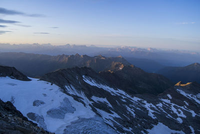 Scenic view of snowcapped mountains against sky during sunset