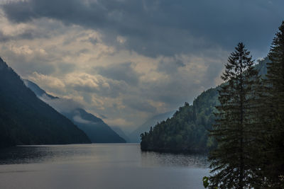 Scenic view of lysefjord and mountains against sky