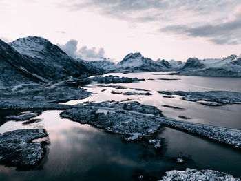 Scenic view of lake and snowcapped mountains against sky