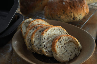 High angle view of bread in plate on table