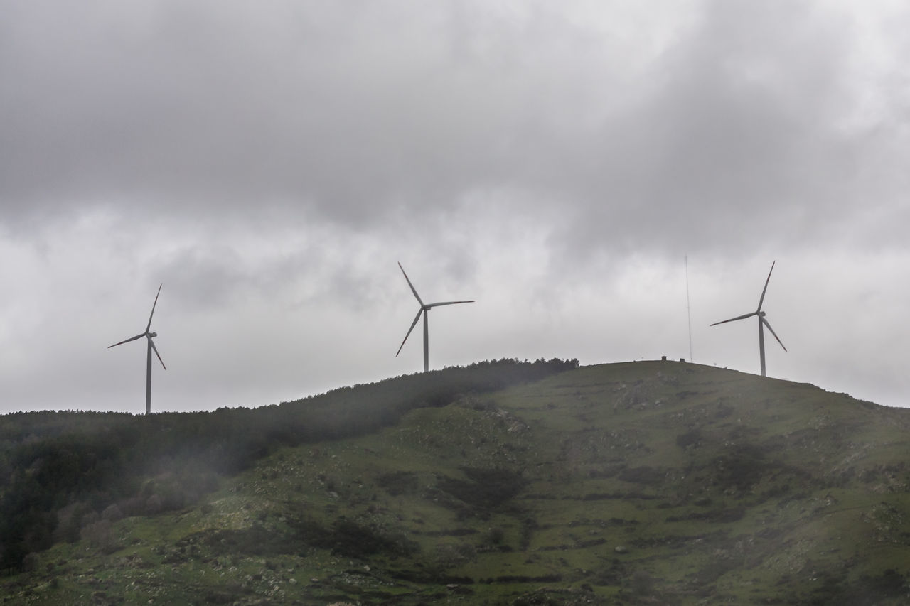 LOW ANGLE VIEW OF WIND TURBINES ON FIELD AGAINST SKY