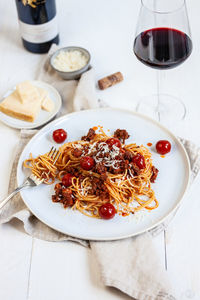 High angle view of food in plate on table