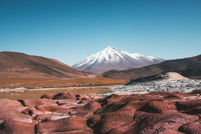 Scenic view of mountain against blue sky