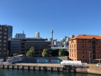 Buildings by river against clear blue sky