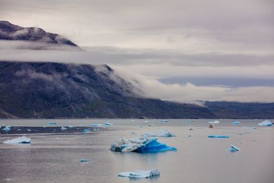 Scenic view of sea against mountains and sky