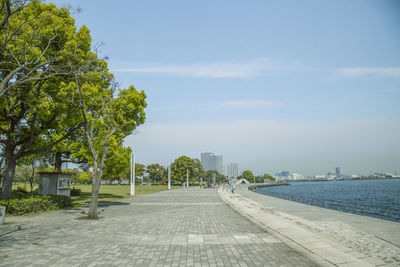 Footpath amidst trees and buildings against sky