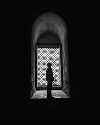 Rear view of silhouette woman standing against window