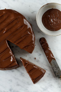 High angle view of chocolate cake on table