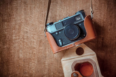 High angle view of telephone on table