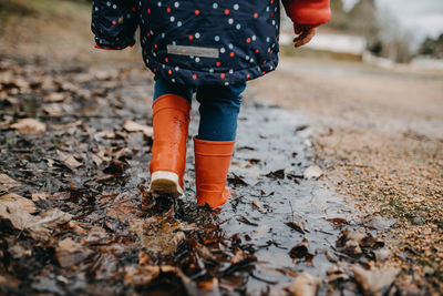 Low section of person standing by autumn leaves