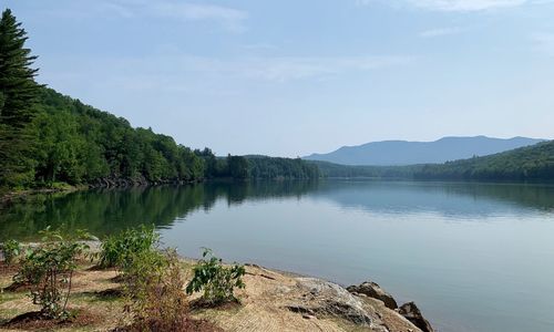 Scenic view of lake by trees against sky