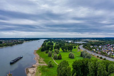 Panoramic view of the rhine near leverkusen. drone photography.