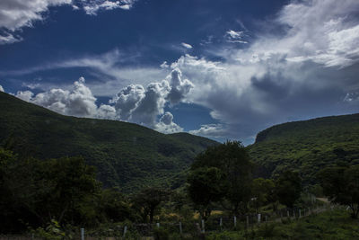 Scenic view of mountains against cloudy sky