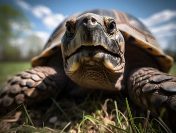 Close-up of turtle on field