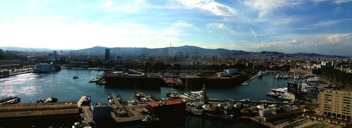 High angle view of harbor against sky
