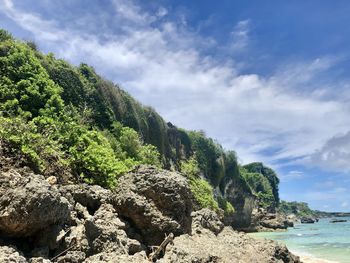 Rocks by sea against sky