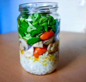 Close-up of salad in jar on table