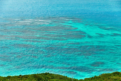 Scenic view of turquoise colored sea with coral reef